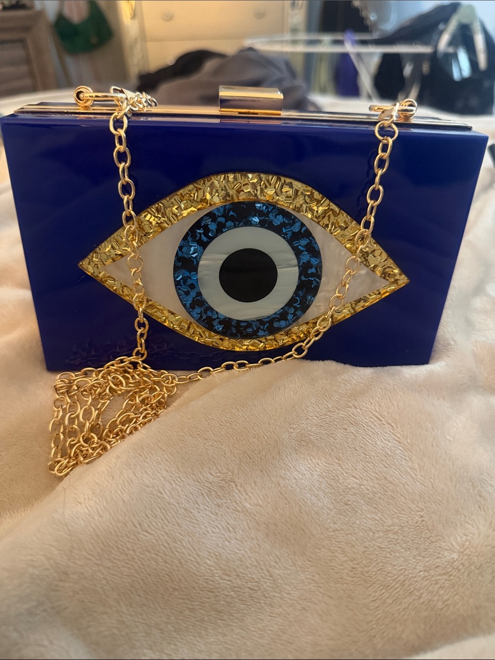 Blue Eye Appliqué Acrylic Box Clutch with Gold Chain